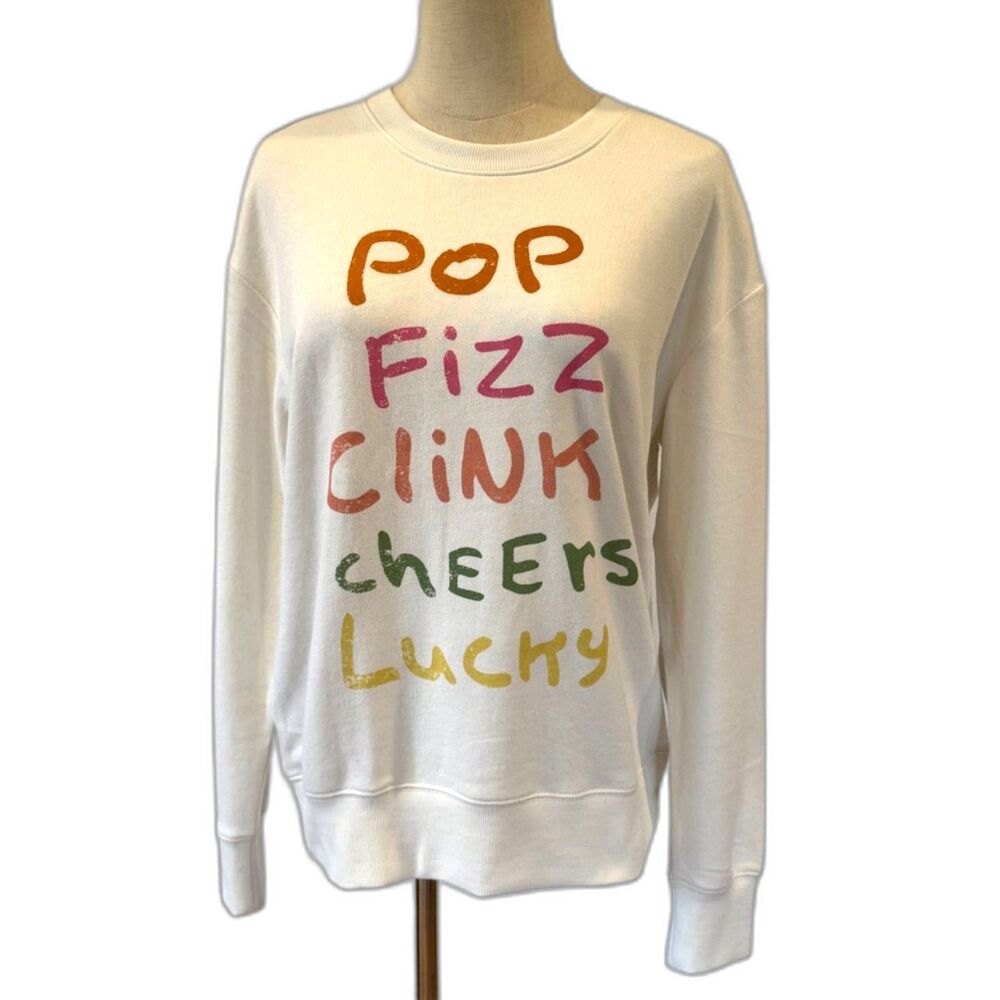 Lucky Brand Sweatshirt Pop Fizz Clink Cheers Beige NEW NWT Small $79